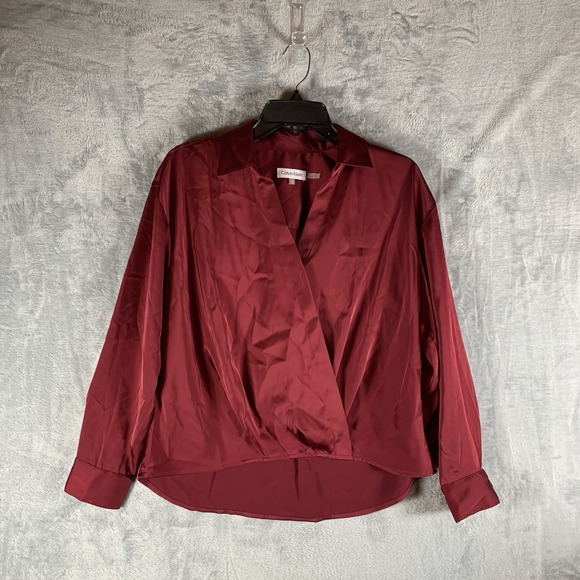 Calvin Klein Women's Blouse Top S Collar Long Sleeve Faux Wrap Satin Red NWT - Picture 1 of 9